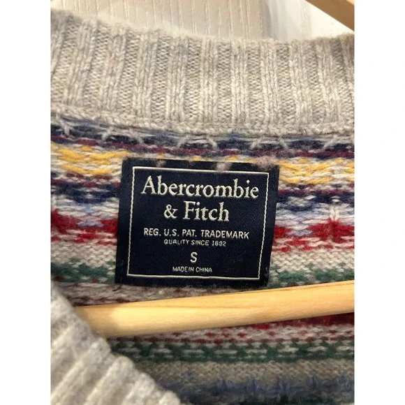 Abercrombie & Fitch Merino Wool Blend Fair Isle Sweater Grey Multi S - Picture 6 of 7
